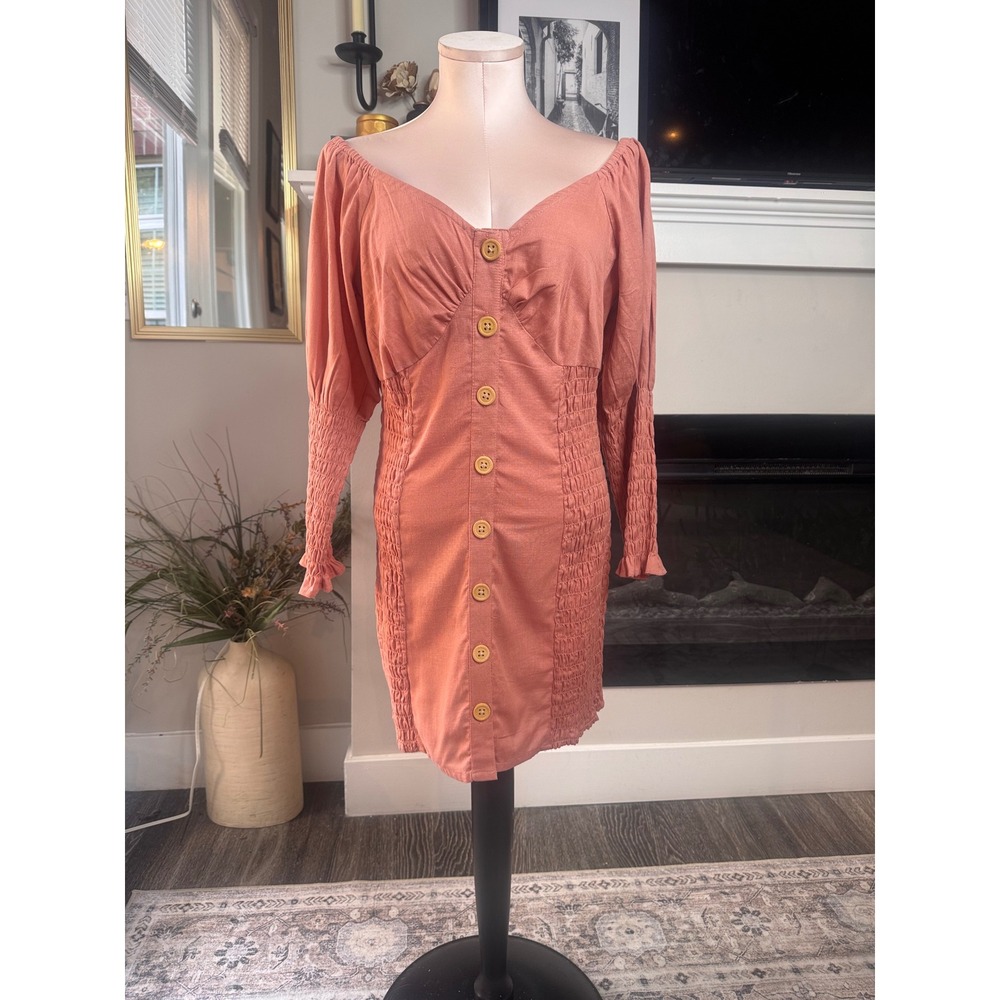 ASOS Petite Button Front Smocked Off Shoulder Long Sleeve Mini Dress Rose Pink